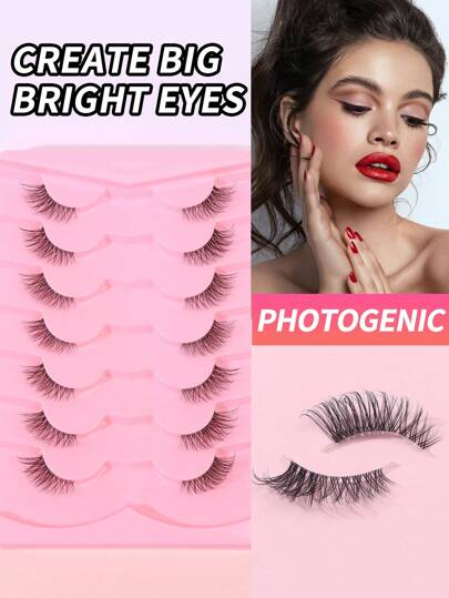 7对/套休闲日常佩戴透明茎3D十字设计睫毛，用于增大眼睛，0.5-1.3厘米