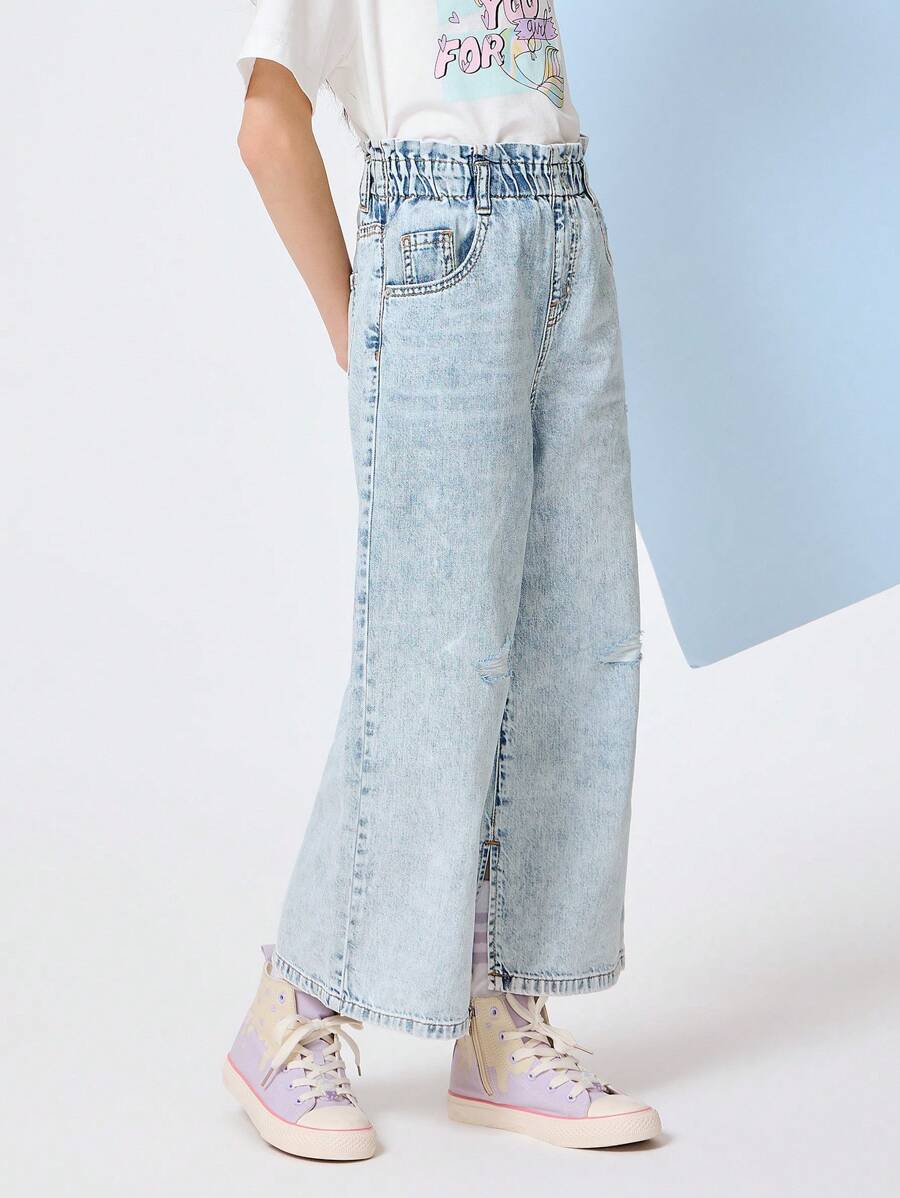 Balabala Quần Jeans Nữ Tuổi Teen, Quần Ống Rộng Mùa Hè, Thời Trang Cho Bé Gái Tuổi Teen, Thiết Kế Ống Xẻ - Màu xanh nhạt - Xem 1