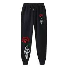 Men's Flannel Sweatshirt Set Top Pants Hoodie Pocket Streetwear Hand Skull Flower Over - 白色 - 查看 2