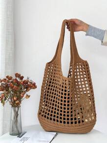 ENBEI 轻便可折叠镂空手工编织旅行包，女士休闲钩针手提包，时尚沙滩包，多功能针织单肩包，大容量女士午餐包，搭配女士度假装，夏季必备，完美度假背包，圣诞礼物，旅行必备，情人节礼物，母亲节礼物，沙滩包，钩针编织，情人节礼物 - 駝色 - 查看 10