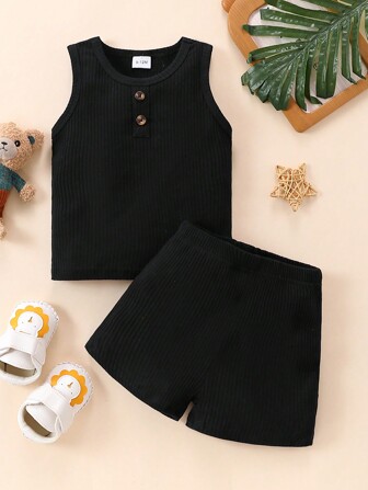 嬰兒男童純色無袖背心短褲套裝