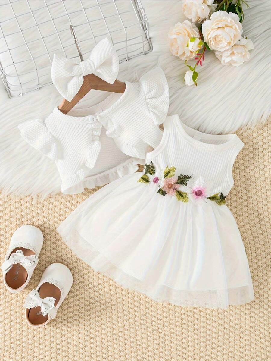 Baby Girl Fashionable And Elegant Summer Dress With Flower Design, Mesh Vest, Bow Detail Bow Headband And Cute Cap Sleeve Jacket - White - View 1