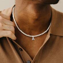 1pc Stainless Steel Initial Pendant Width 6mm Faux Pearl Necklace For Men Party - White - View 1