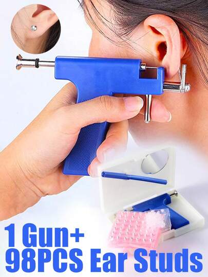 1Gun 98PCS Reutilizável Orelha Corpo Nariz Umbigo Lábios Língua Piercing Pistola Máquina Suprimentos Kit de Ferramentas Conjunto Brincos de Orelha Saudável Profissional Ferramentas de Piercer Estéril