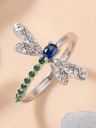 1枚可爱立方氧化锆蜻蜓戒指，女士情人节礼物，结婚纪念日派对饰品