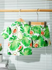Infant Boys And Girls Set With Fresh Avocado Print Shirt And Shorts For Learning To Walk, Summer Style - White - View 2