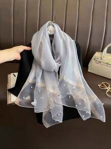 1pc Women Fashionable Butterfly Pearl Rivet Printed Scarf, Suitable For All Seasons And Occasions Such As Travel, Banquet, Vacation And Daily Wear - Nailed Butterfly Pearl Long Silk Scarf - View 4