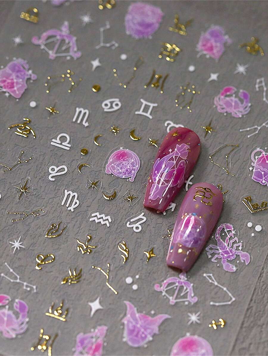 1個5D指彩貼紙，金色復古十二星座星圖彩色圖案自粘指甲藝術貼紙貼紙美甲魅力DIY - 彩色 - 查看 1