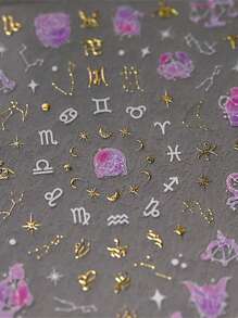 1個5D指彩貼紙，金色復古十二星座星圖彩色圖案自粘指甲藝術貼紙貼紙美甲魅力DIY - 彩色 - 查看 4