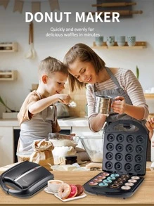 16 Donut Maker, 1400W, Capable Of Baking 16 Small Donuts At The Same Time, With A Non Stick Surface And A Diameter Of About 5CM. It Is A Multifunctional Children's Snack Machine That Can Make Mini Dessert Snacks. It Has Double-Sided Heating, Black Color, And Can Quickly And Evenly Bake In A Few Minutes. It Is Very Suitable For Family Breakfast Machines And Is Plug Type