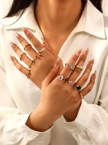 1 caja de juego de anillos de señora con diamantes de color incrustados en acero inoxidable dorado amarillo, adecuado para decoración diaria o como regalo para damas