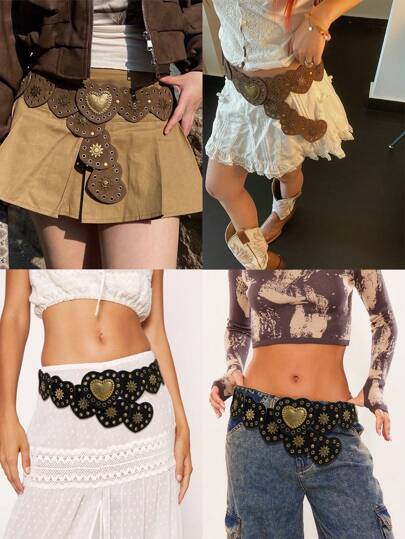 新款欧美风格复古牛仔西部腰带，个性化设计，金属接头，镂空效果，梅拉德设计