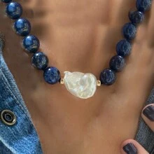 manbara 奢华波西米亚风复古手工杰奎琳手工丝绳打结绿松石切片火球珍珠项链女士珠宝露娜手工打结青金石天然宝石不对称红珊瑚碎片天然淡水珍珠配饰项链 - 松石 - 查看 9