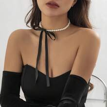 Wedding Party Jewelry Long Black Ribbon Choker Necklace For Women Elegant White Faux Pearl Beach Vacation Party Necklaces - Pearl Necklace - View 1