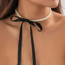 Wedding Party Jewelry Long Black Ribbon Choker Necklace For Women Elegant White Faux Pearl Beach Vacation Party Necklaces - Pearl Necklace - View 2