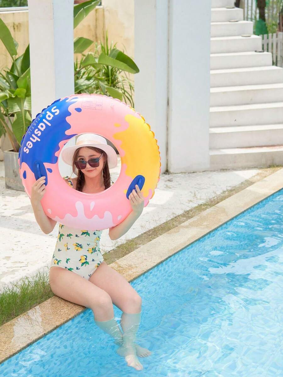 Inflatable Adult Swim Ring With Handle, Artistic Ink-Splash Style, Size 90# Pool Float - Pink - View 1