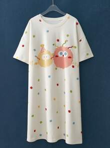 Women's Summer Sleeveless Nightgown - Cartoon Cute Style, Digital Printing, Polyester, Fitted Dropped Shoulder Pajama, Moo Moo Sleep Dress