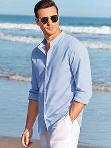 Men's Casual Long Sleeve Slim Fit Shirt, Fashion Basic Chinese Collar Linen Shirt, Earth Tones - 淺藍色 - 查看 4