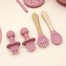 9Pcs  Silicone Baby Tableware Set With Bib, Sippy Cup, Strong Suction Divided Plate, Snail Bowl, Spoon And Fork