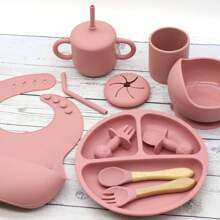 9Pcs  Silicone Baby Tableware Set With Bib, Sippy Cup, Strong Suction Divided Plate, Snail Bowl, Spoon And Fork