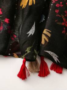 Vintage & Linen Feel Ladies' Scarf, Colorful Flower Print With Tassel, Warm Winter Shawl Elegant - Multicolor - View 10