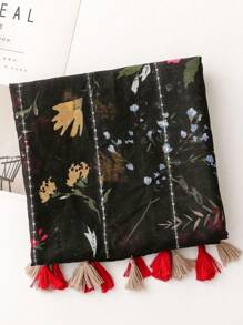 Vintage & Linen Feel Ladies' Scarf, Colorful Flower Print With Tassel, Warm Winter Shawl Elegant - Multicolor - View 3