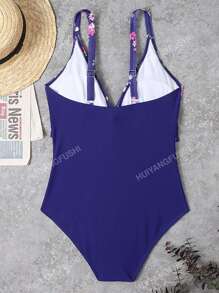 Costume da bagno intero da donna sexy, con scollo a V e spalline regolabili, in stile patchwork di moda per l'estate