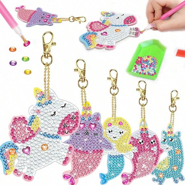 5 pezzi Dipinto con diamanti 5D Fai da te Portachiavi con gemme Unicorno Sirena Lavoretti Bambini 8-12 Anni Riempimento Ceste di Pasqua