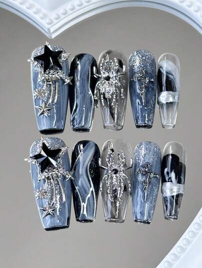 10 Long Coffin Armor Dark Flowing Starlight, Fake Nails, DIY, Halloween Nails Supplies,Black Stars, Silver Spider And Cross Nail Art Jewelry Blue Nails,Overall, It Mainly Uses Cool Colors Such As Dark Blue And Silver Gray,Suitable For Ladies To Use In Weddings, Parties, Holidays, Gift Nail Tools.