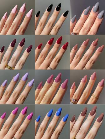 292 piezas/Set 12 unicolor mixtos Forma de almendra Pegatinas de uñas acrílicas, Envoltorios de uñas de cobertura completa, Uñas postizas con caja de almacenamiento, Adecuado para uso diario y de fiesta de mujeres y niñas