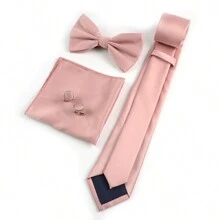ZONFAZ 4pcs Men Business Fashion All-Match Solid Color Polyester Necktie & Three-Fold Bowtie & Pocket Square & Cufflinks Set, Suitable For Wedding, Celebration And Daily Wear Men Necktie