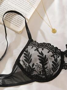 2pcs Sexy Lingerie Set, Sheer Mesh Embroidery Bra And Panty, Intimate Apparel For Christmas & Valentine's Day - Black - View 7