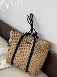 Túi Gusure Nữ Ống Hút Dệt Túi Xách Nữ Ngày Lễ Túi Đi Biển Thông Thường Shopper Túi Top-Tay Cầm Túi Đeo Vai Sát Nách Thời Trang - Màu Khaki - Xem 1