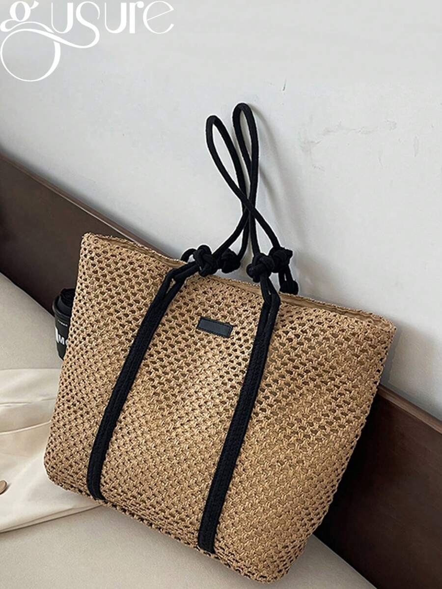 Túi Gusure Nữ Ống Hút Dệt Túi Xách Nữ Ngày Lễ Túi Đi Biển Thông Thường Shopper Túi Top-Tay Cầm Túi Đeo Vai Sát Nách Thời Trang - Màu Khaki - Xem 1
