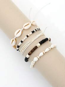 Set de 5 pulseras hechas a mano estilo playa trenzadas con conchas y caracolas con cuentas + pulsera de cuentas de madera en blanco y negro y conchas - Multicolor - Ver 2