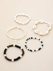 Set de 5 pulseras hechas a mano estilo playa trenzadas con conchas y caracolas con cuentas + pulsera de cuentas de madera en blanco y negro y conchas - Multicolor - Ver 3