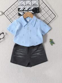 Sommerliches Set für Baby-Jungen mit Dinosaurier bedrucktem Polo-Shirt und Denim-Shorts - Verschiedenfarbig - Übersicht 1