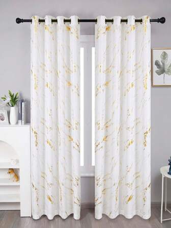 Cortinas de sala de estar y dormitorio simples con patrón de mármol blanco puro, 2 piezas