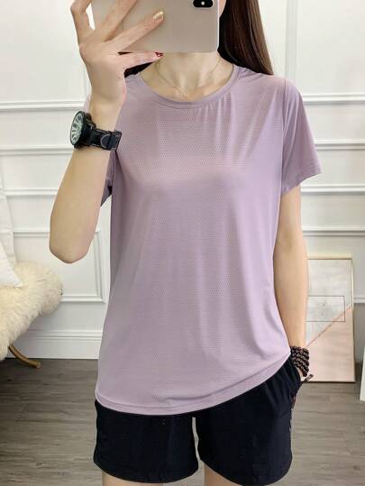 Summer Workout Women's Solid Color T-Shirt For Hiking, Outdoor, Running, Sports, Fitness, Cycling, Stretchy Activewear Top