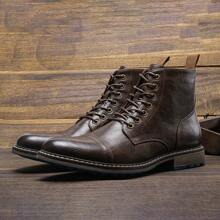 Men's Vintage Work Boots, Round Toe, Thick Heel, Dual-Color Upper, Rubber Outsole AL633, Beige With Stitching - Brown - View 2