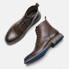 Men's Vintage Work Boots, Round Toe, Thick Heel, Dual-Color Upper, Rubber Outsole AL633, Beige With Stitching - Brown - View 6