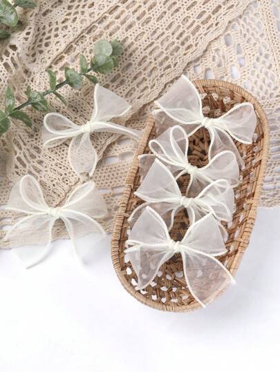 6pcs Beige Chiffon Bow Hair Clips, Elegant Girls Hair Accessories, Holiday Wedding Party Alligator Clips