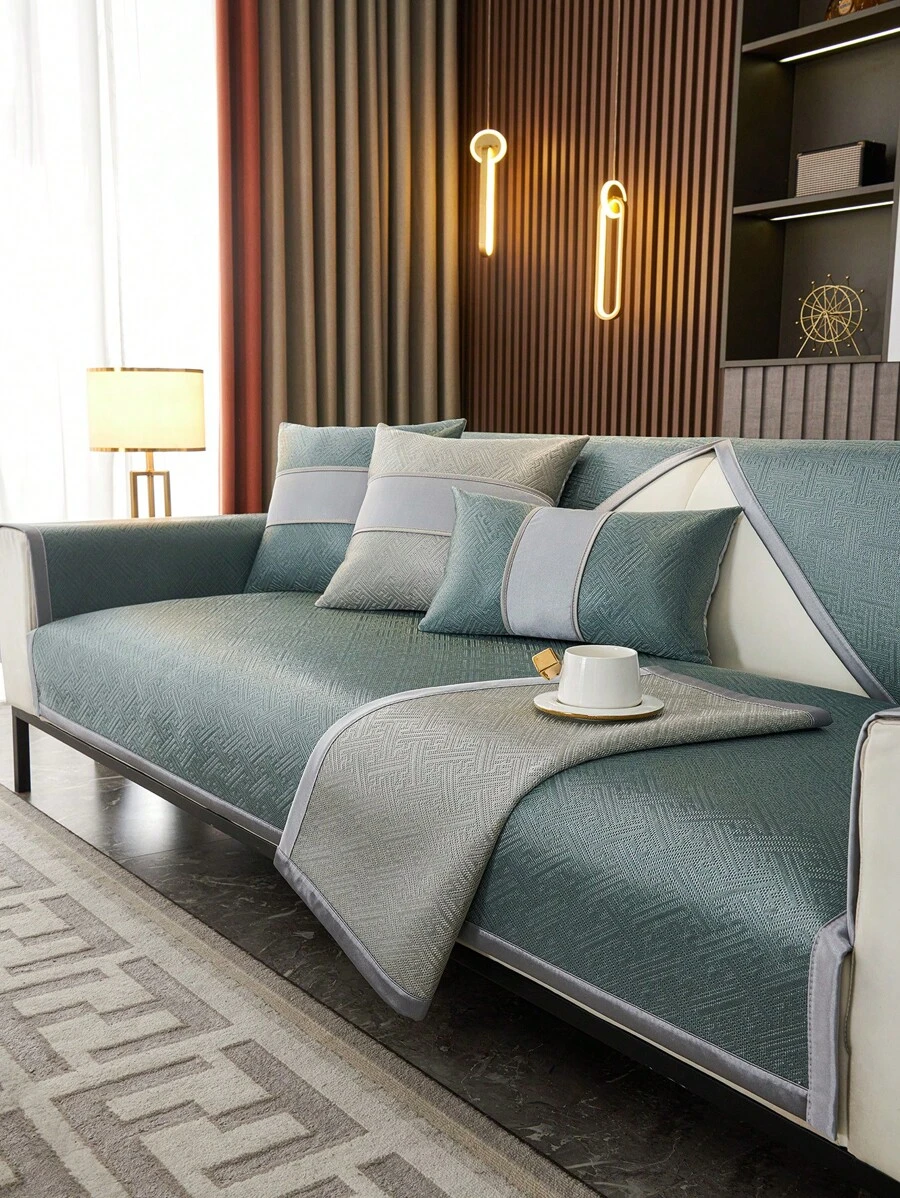 1pc Plaid Pattern Sofa Cushion Cover, Modern  Style Polyester Fiber Cooling Ice Silk Rectangular Slip-Resistant Sofa Pad Is Suitable For Home Office Living Room Bedroom, Summer