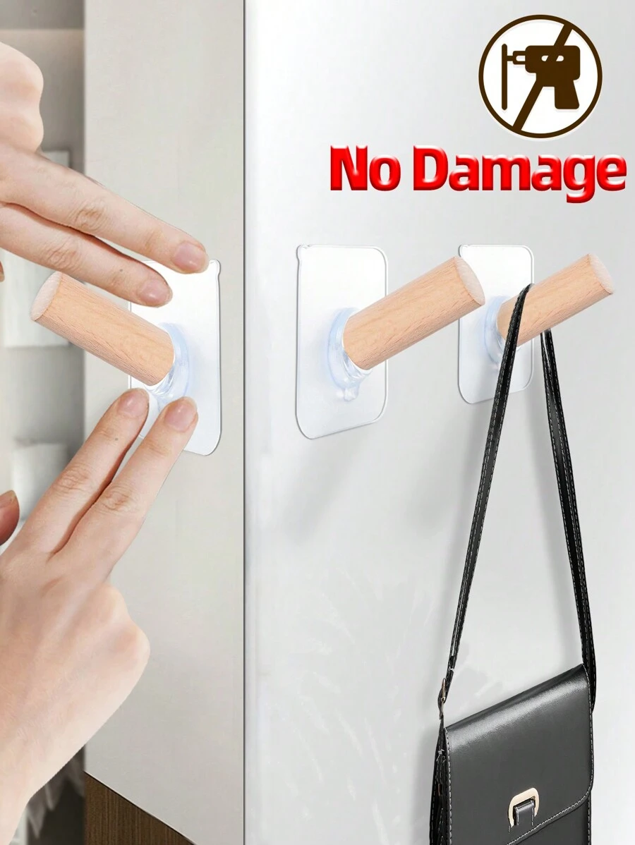 meike 2個無螺絲木製掛勾，自粘貼背衣架，非常適合掛衣服和帽子，不需鑽孔壁掛，無殘留物，可強力承重達4公斤。適用於臥室、廚房、客廳。可黏貼於門牆上，掛衣服和袋子。 - 杏色 - 查看 1