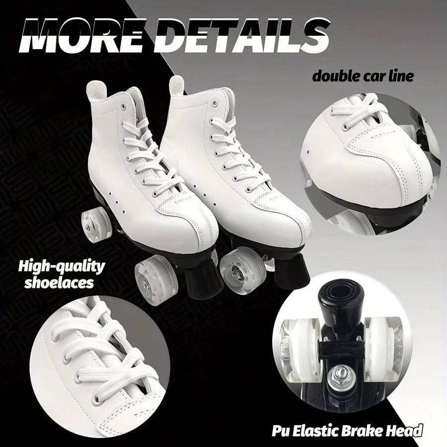 Professional 4 Wheels Roller Skates With Brakes Comfy Breathable Lace Up Safe Sport Shoes For Men's & Women's Indoor Outdoor Activities - 白色 - 查看 1