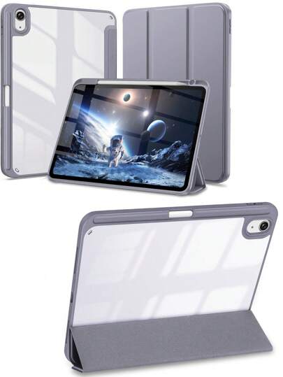 适用于苹果iPad的硅胶防震三折保护套，带笔槽，紫灰色