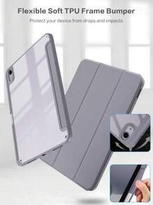 Apple Tri-Fold Silicone Foldable Anti-Fall Tablet Cover Case Compatible With IPad With Pen Holder-Purplish Grey