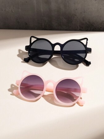 2pcs/Set Children Cute Cat Ear Decor Round Fashion Glasses, Fashion Accessory