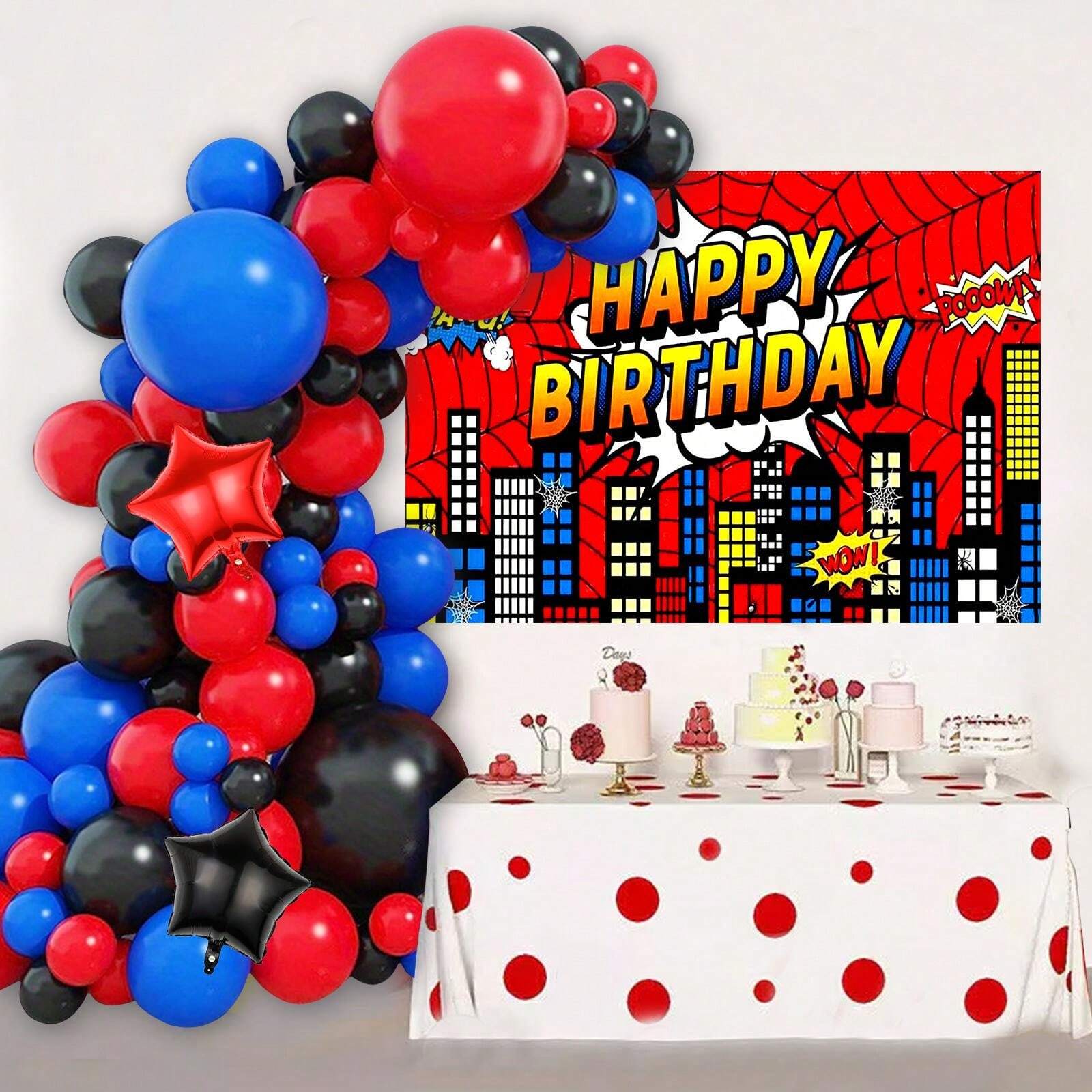98 Piece Black Red Blue Latex Balloon Party Set With Red Spider 