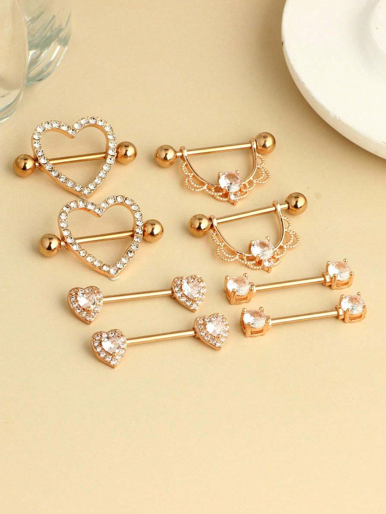 8pcs Heart Nipple Piercings For Women Silver Gold Nipple Rings Barbell